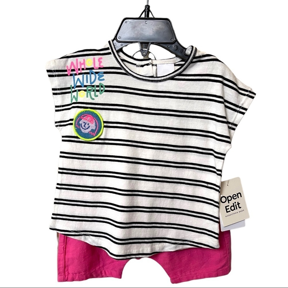 Open Edit Easy T Shirt and Shorts Set Ivory Cloud Black Stripe Organic Cotton